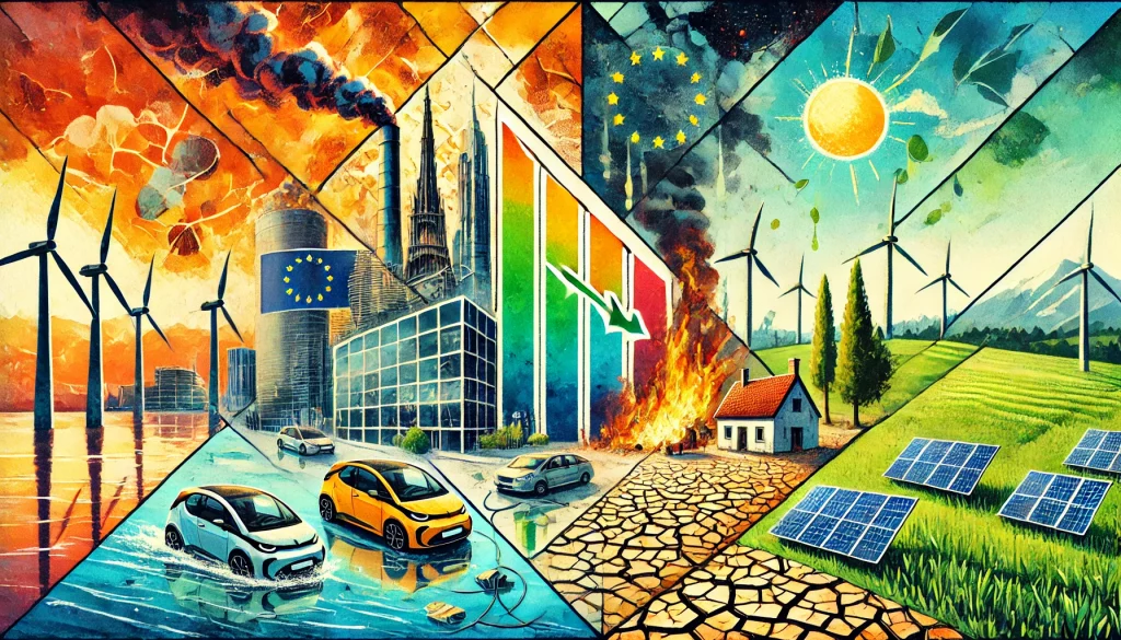 Montage photo illustrant le défi climatique et la transition énergétique en Europe. Un côté montre les impacts du changement climatique, l'autre les solutions durables. Au centre, le logo de l'UE et un graphique de réduction des émissions.