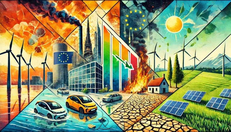 Montage photo illustrant le défi climatique et la transition énergétique en Europe. Un côté montre les impacts du changement climatique, l'autre les solutions durables. Au centre, le logo de l'UE et un graphique de réduction des émissions.