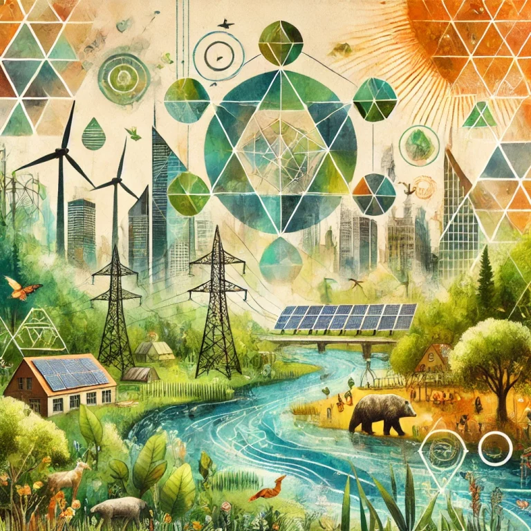 Illustration en aquarelle montrant une ville futuriste et verte, entourée de forêts, rivières et vie sauvage, symbolisant l'équilibre entre développement durable et droits de la nature.