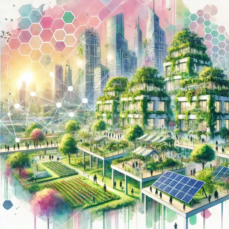 Illustration en aquarelle représentant une ville durable et futuriste, mettant en avant des bâtiments écologiques avec jardins sur les toits, panneaux solaires et formes géométriques superposées, symbolisant la transition écologique.