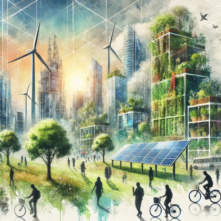 Peinture aquarelle de style montrant une ville futuriste avec des bâtiments à jardins verticaux, des panneaux solaires et des éoliennes, des formes géométriques en superposition et des gens pratiquant des activités durables comme planter des arbres et faire du vélo.