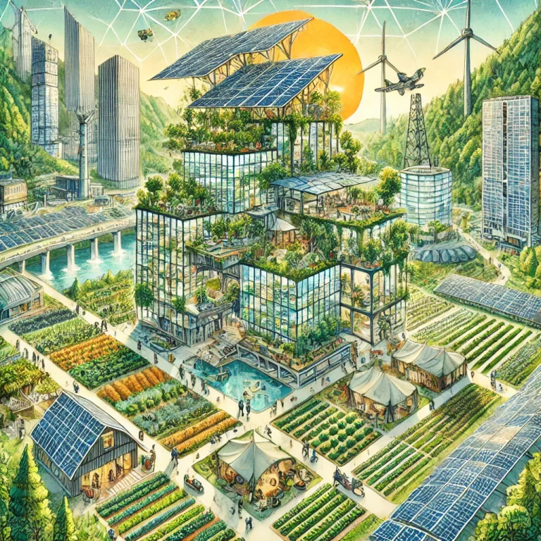 Image d’une ville futuriste dans un style, illustrée en aquarelle. On y voit des bâtiments couverts de plantes, des fermes verticales, des panneaux solaires et un paysage naturel en arrière-plan, le tout superposé de formes géométriques modernes.