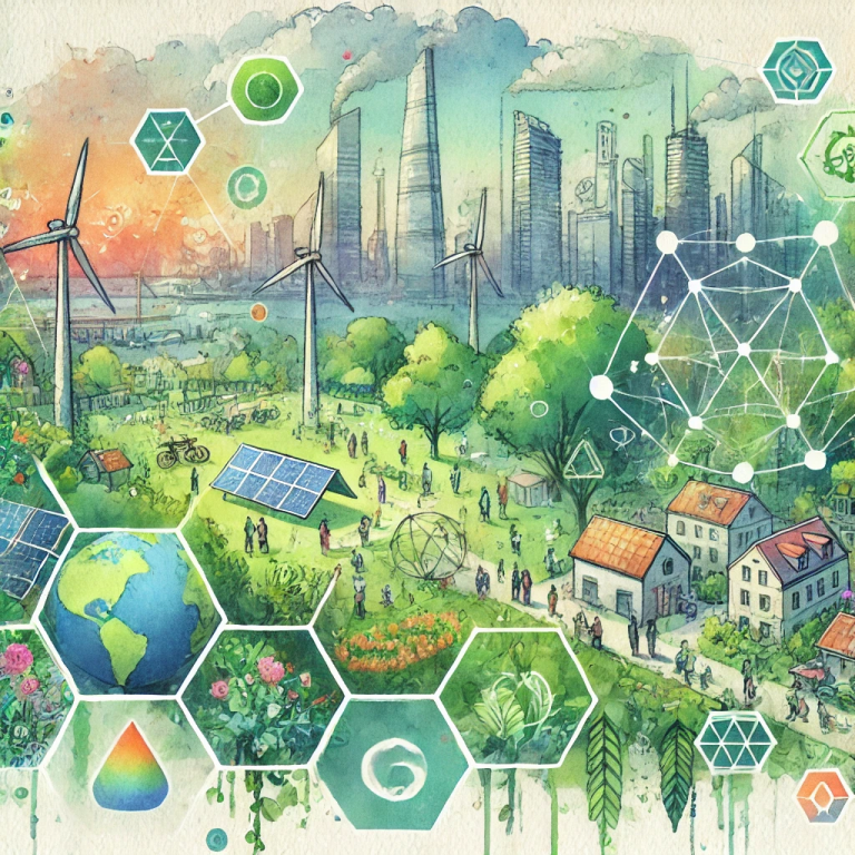 Illustration en style aquarelle représentant une ville durable avec des panneaux solaires, des éoliennes, des espaces verts et des formes géométriques symbolisant la transparence et la coopération climatique.