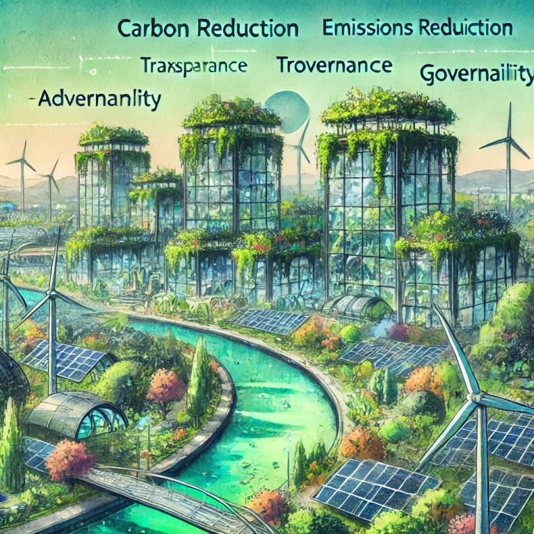 Illustration en aquarelle d'une ville futuriste intégrant des bâtiments écologiques, des panneaux solaires, des éoliennes, et des formes géométriques symbolisant durabilité et innovation.