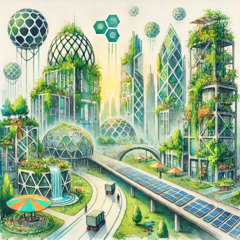 Illustration en aquarelle représentant une ville futuriste intégrant harmonieusement nature et technologie, symbolisant les principes de l'entreprise régénérative."