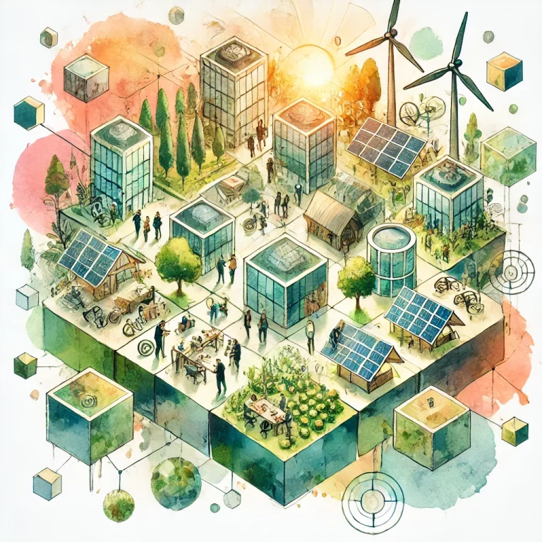 Illustration d'un écosystème d'affaires collaboratif avec des entreprises et des fédérations travaillant ensemble sur des projets de transition écologique.