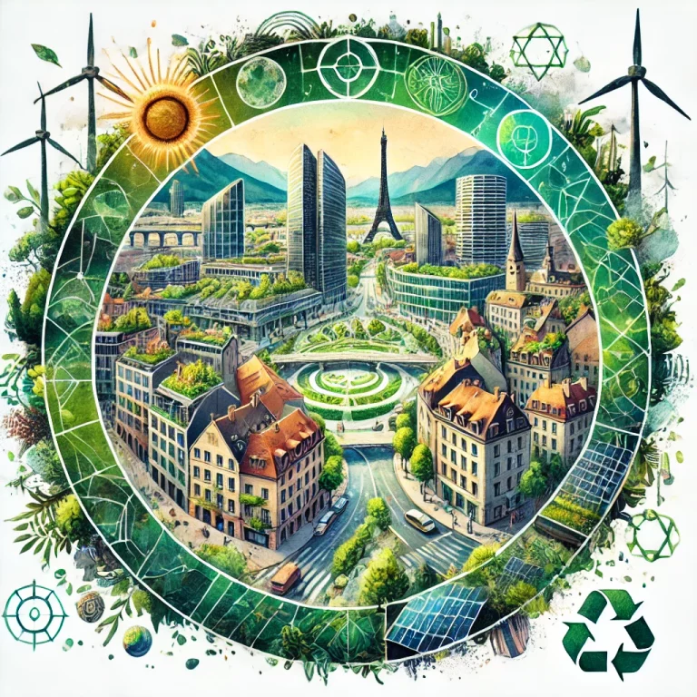 Illustration aquarelle en style représentant la Théorie du Donut avec des cercles géométriques symbolisant les limites planétaires et les fondations sociales, entourant une ville durable avec panneaux solaires, toits végétalisés et biodiversité urbaine.