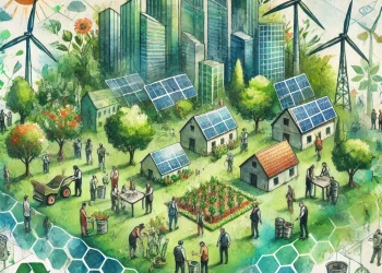 Groupe de personnes participant à une action collective environnementale en pleine nature, plantant des arbres et discutant de solutions durables pour protéger l’environnement.