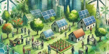 Groupe de personnes participant à une action collective environnementale en pleine nature, plantant des arbres et discutant de solutions durables pour protéger l’environnement.