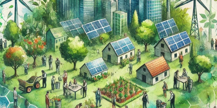 Groupe de personnes participant à une action collective environnementale en pleine nature, plantant des arbres et discutant de solutions durables pour protéger l’environnement.