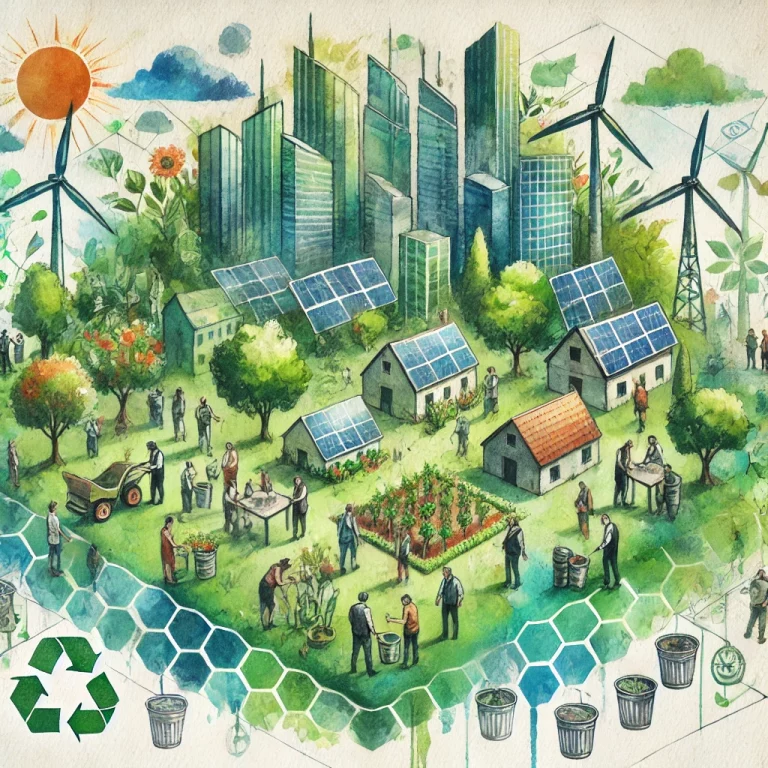 Groupe de personnes participant à une action collective environnementale en pleine nature, plantant des arbres et discutant de solutions durables pour protéger l’environnement.
