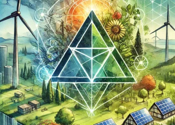 Illustration d’un modèle économique durable, avec des éléments représentant la justice sociale, la protection de l’environnement et la collaboration entre individus.