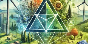 Illustration d’un modèle économique durable, avec des éléments représentant la justice sociale, la protection de l’environnement et la collaboration entre individus.