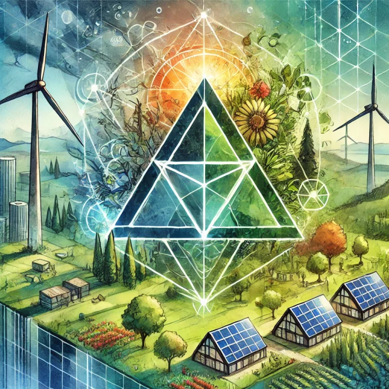 Illustration d’un modèle économique durable, avec des éléments représentant la justice sociale, la protection de l’environnement et la collaboration entre individus.