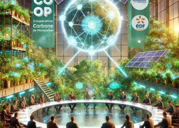 Paysage urbain de Montpellier intégrant des infrastructures de transition écologique, avec des bâtiments à énergie positive, des espaces verts, et des installations solaires. Illustration de la stratégie de décarbonation menée par la Coopérative Carbone Co.Op.