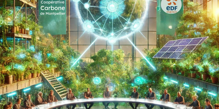Paysage urbain de Montpellier intégrant des infrastructures de transition écologique, avec des bâtiments à énergie positive, des espaces verts, et des installations solaires. Illustration de la stratégie de décarbonation menée par la Coopérative Carbone Co.Op.