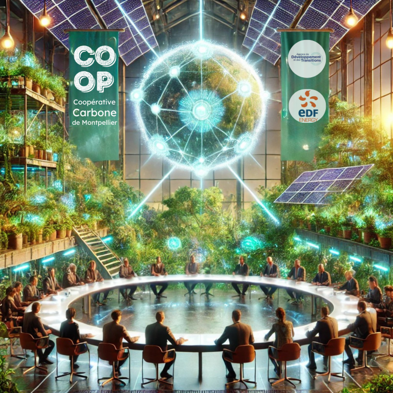 Paysage urbain de Montpellier intégrant des infrastructures de transition écologique, avec des bâtiments à énergie positive, des espaces verts, et des installations solaires. Illustration de la stratégie de décarbonation menée par la Coopérative Carbone Co.Op.