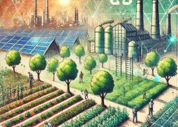 Paysage rural avec des cultures entourées d’arbres, des panneaux solaires et une usine écologique, illustrant les projets soutenus par les crédits carbone pour la transition écologique locale.