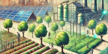 Paysage rural avec des cultures entourées d’arbres, des panneaux solaires et une usine écologique, illustrant les projets soutenus par les crédits carbone pour la transition écologique locale.