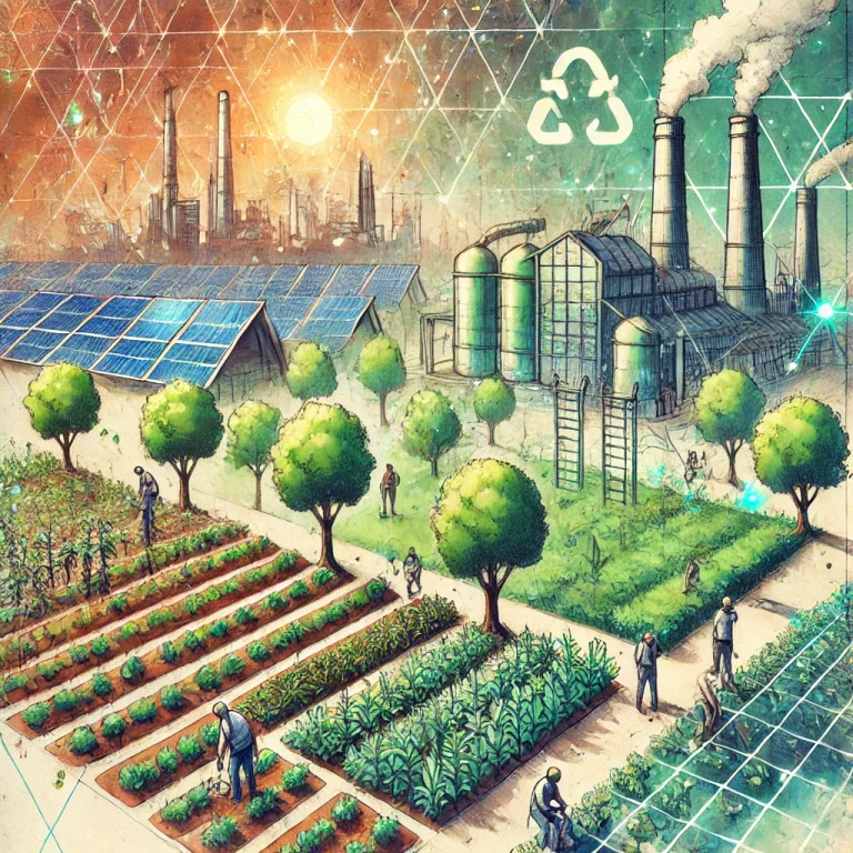 Paysage rural avec des cultures entourées d’arbres, des panneaux solaires et une usine écologique, illustrant les projets soutenus par les crédits carbone pour la transition écologique locale.