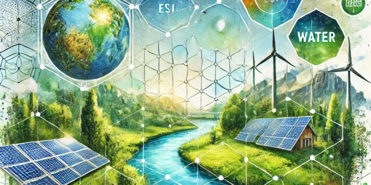 Diagramme expliquant l’ESI Score et les Essential Environmental Impact Variables (EEIVs), utilisés pour analyser les impacts environnementaux des entreprises en intégrant les dimensions climatiques, hydriques et foncières.