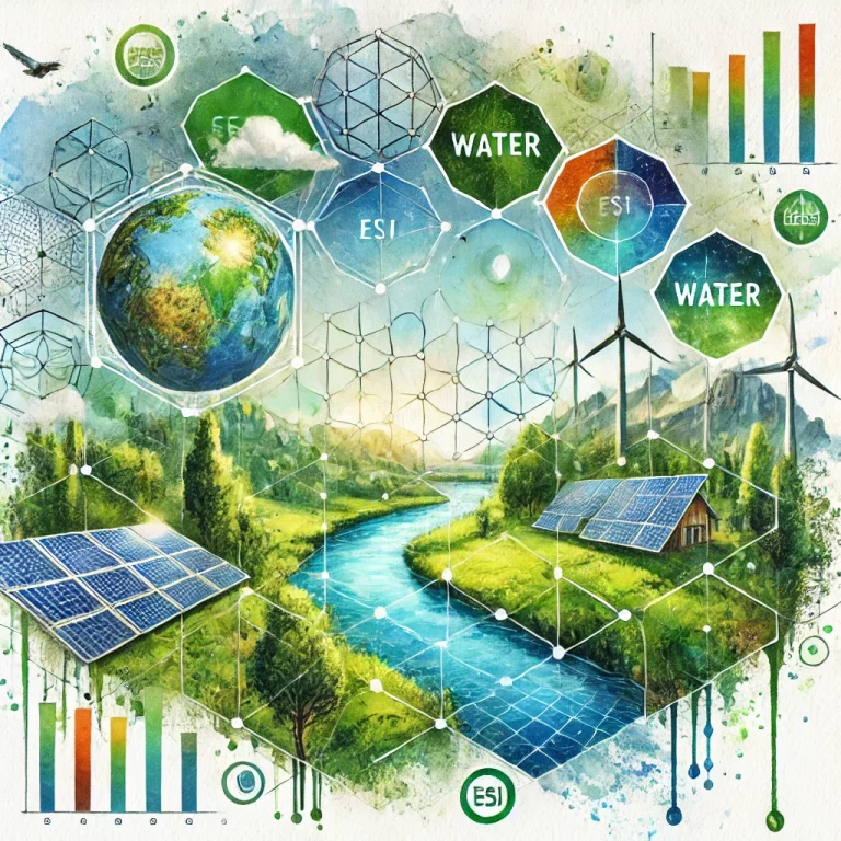 Diagramme expliquant l’ESI Score et les Essential Environmental Impact Variables (EEIVs), utilisés pour analyser les impacts environnementaux des entreprises en intégrant les dimensions climatiques, hydriques et foncières.