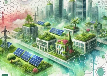 Scène illustrant l’impact des crédits biodiversité : un environnement urbain intégré à la nature, avec des technologies durables et une superposition aquarelle de formes géométriques représentant l’équilibre entre finance et conservation écologique.