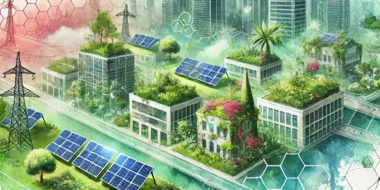 Scène illustrant l’impact des crédits biodiversité : un environnement urbain intégré à la nature, avec des technologies durables et une superposition aquarelle de formes géométriques représentant l’équilibre entre finance et conservation écologique.