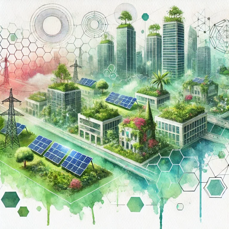Scène illustrant l’impact des crédits biodiversité : un environnement urbain intégré à la nature, avec des technologies durables et une superposition aquarelle de formes géométriques représentant l’équilibre entre finance et conservation écologique.