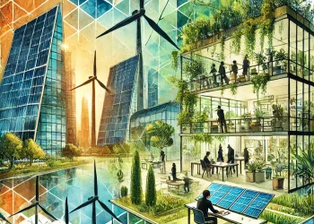 Infographie illustrant les stratégies d’adaptation au changement climatique des entreprises : évaluation des risques, infrastructures résilientes, gestion des ressources et chaîne d’approvisionnement durable.