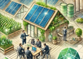 Illustration d’une TPE-PME engagée dans la transition écologique, avec des collaborateurs travaillant sur des solutions durables et des équipements éco-responsables.