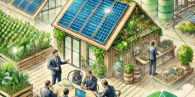 Illustration d’une TPE-PME engagée dans la transition écologique, avec des collaborateurs travaillant sur des solutions durables et des équipements éco-responsables.