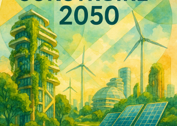 Carte du monde illustrant les approches régionales de la construction durable en 2050, avec des annotations sur l’Europe, l’Afrique, l’Asie, les États-Unis, le Moyen-Orient et l’Océanie.