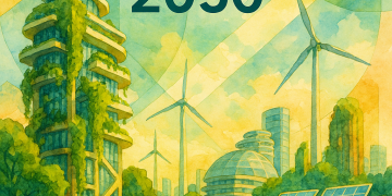 Carte du monde illustrant les approches régionales de la construction durable en 2050, avec des annotations sur l’Europe, l’Afrique, l’Asie, les États-Unis, le Moyen-Orient et l’Océanie.