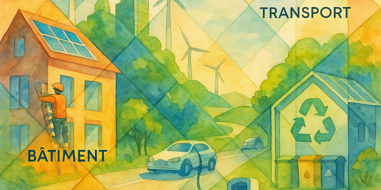 Schéma illustrant la planification écologique avec trois piliers : bâtiment, transport, économie circulaire.