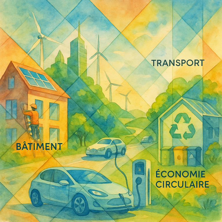 Schéma illustrant la planification écologique avec trois piliers : bâtiment, transport, économie circulaire.