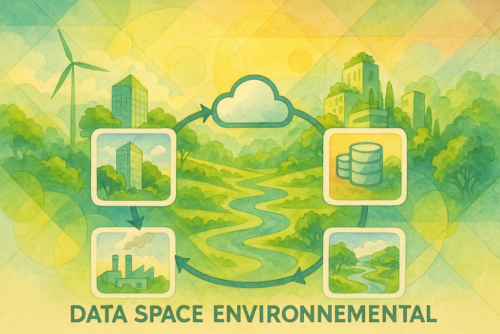 Schéma illustrant un Data Space Environnemental avec partage sécurisé des données entre acteurs publics et privés pour des usages environnementaux.