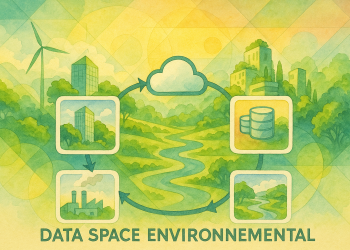 Schéma illustrant un Data Space Environnemental avec partage sécurisé des données entre acteurs publics et privés pour des usages environnementaux.
