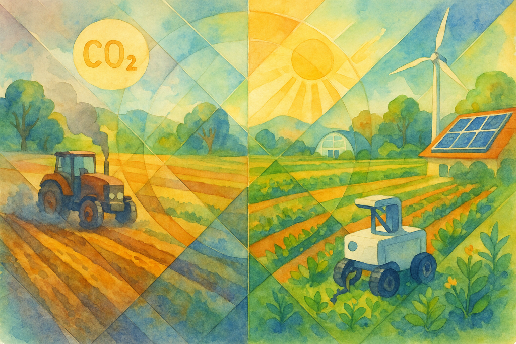 Transition vers une agriculture décarbonée illustrée par un champ combinant robotique agricole, cultures diversifiées et énergies renouvelables.