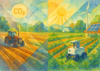 Transition vers une agriculture décarbonée illustrée par un champ combinant robotique agricole, cultures diversifiées et énergies renouvelables.
