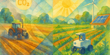Transition vers une agriculture décarbonée illustrée par un champ combinant robotique agricole, cultures diversifiées et énergies renouvelables.
