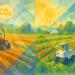 Transition vers une agriculture décarbonée illustrée par un champ combinant robotique agricole, cultures diversifiées et énergies renouvelables.