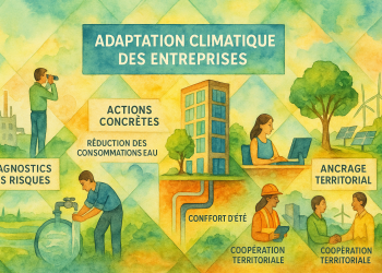 Schéma illustrant les étapes d’un parcours d’adaptation climatique en entreprise, avec exemples d’actions concrètes et bénéfices associés selon le guide de l’ADEME.