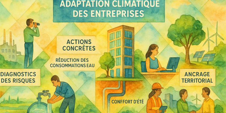 Schéma illustrant les étapes d’un parcours d’adaptation climatique en entreprise, avec exemples d’actions concrètes et bénéfices associés selon le guide de l’ADEME.