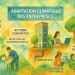 Schéma illustrant les étapes d’un parcours d’adaptation climatique en entreprise, avec exemples d’actions concrètes et bénéfices associés selon le guide de l’ADEME.