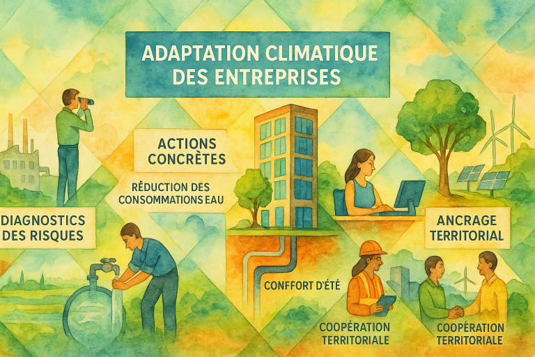 Schéma illustrant les étapes d’un parcours d’adaptation climatique en entreprise, avec exemples d’actions concrètes et bénéfices associés selon le guide de l’ADEME.