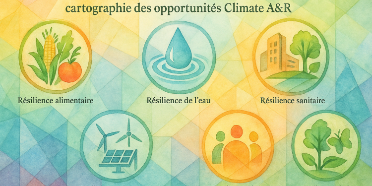 Schéma représentant les principaux sous-secteurs d’investissement liés à l’adaptation et la résilience climatique, basé sur l’analyse du rapport BCG–Temasek 2025.