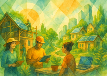 Schéma illustrant la collaboration entre professionnels du bâtiment et citoyens dans un Système de Garantie Participative, avec l'appui de la plateforme open source développée par Kosmio.