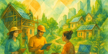 Schéma illustrant la collaboration entre professionnels du bâtiment et citoyens dans un Système de Garantie Participative, avec l'appui de la plateforme open source développée par Kosmio.