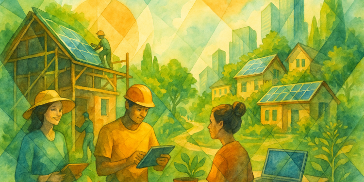 Schéma illustrant la collaboration entre professionnels du bâtiment et citoyens dans un Système de Garantie Participative, avec l'appui de la plateforme open source développée par Kosmio.